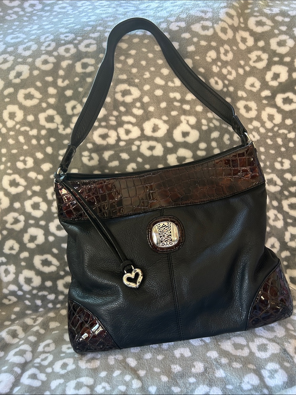 Brighton Black Shoulder Bag with Dark Brown Croc-Trim